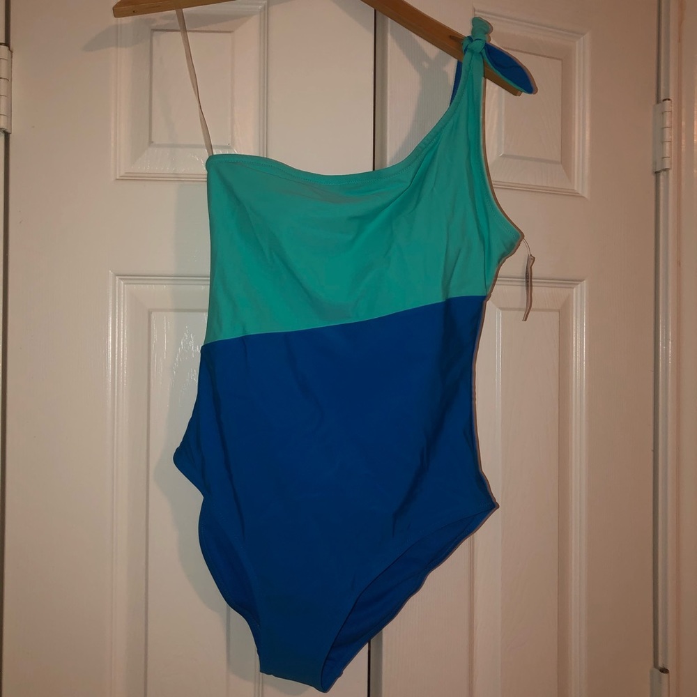Turquoise Colorblock one shoulder swimsuit